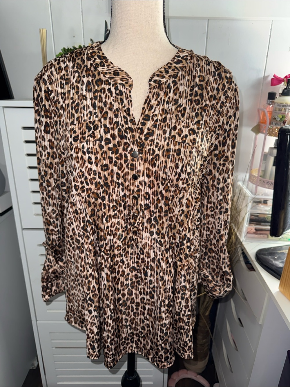 Leopard Print Button-Front Women’s Blouse - Brown SIZE PL NWT
